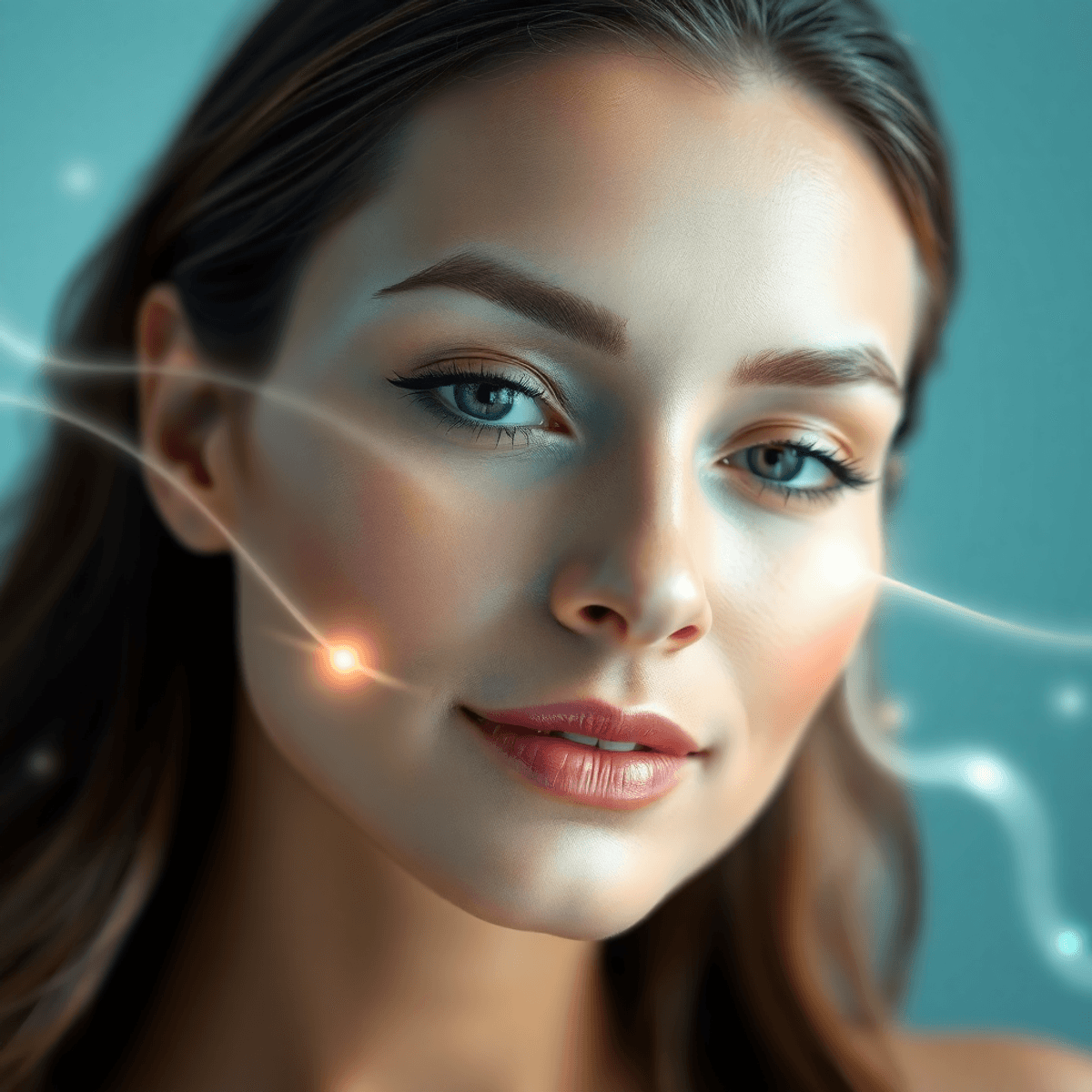 Close-up of a serene young woman with radiant skin, surrounded by soft glowing light waves symbolizing laser energy, against a bright, clean backgr...